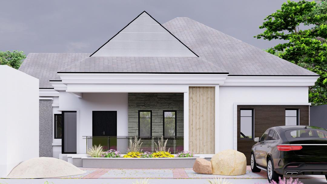 Single-storey bungalow with tall hipped grey roofs and stone-clad porch