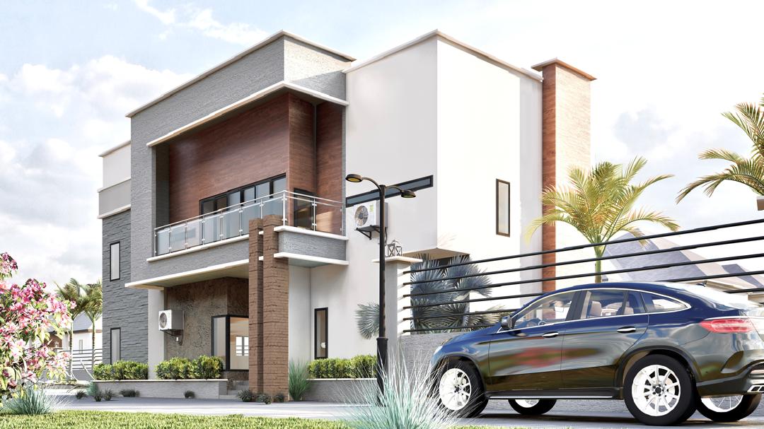 Two-storey duplex with wood-clad recessed balcony behind an estate fence
