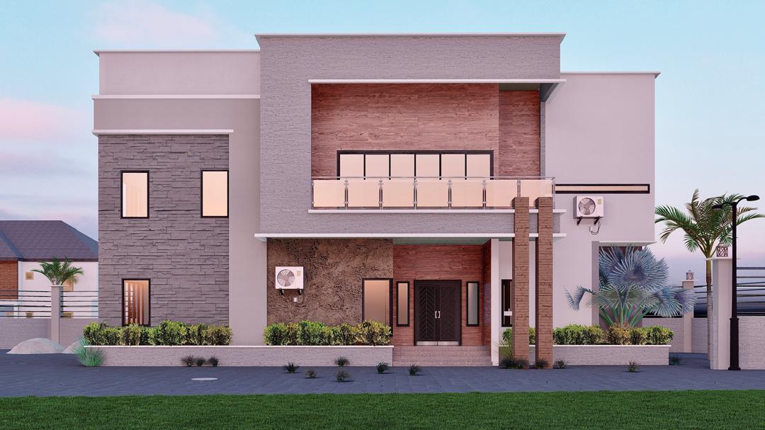 Front elevation of a two-storey residence at dusk with stone and wood facade