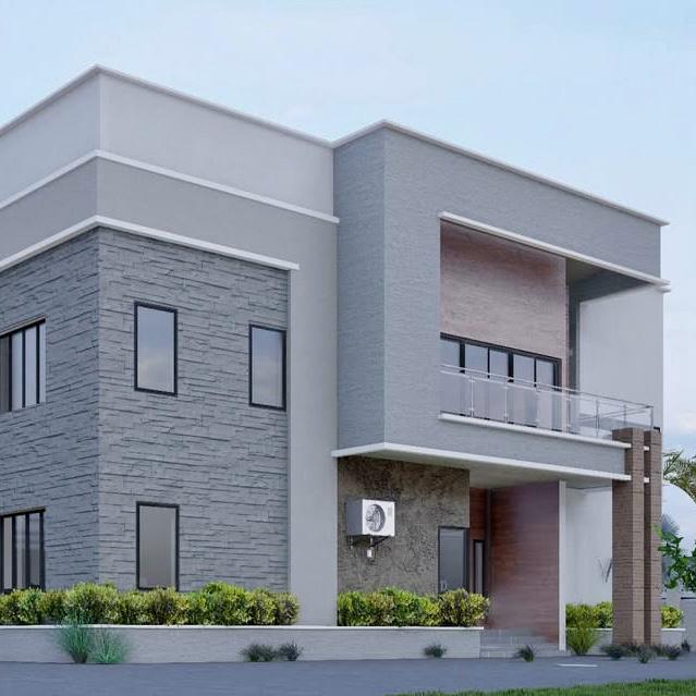Corner view of a grey duplex with stacked-stone cladding