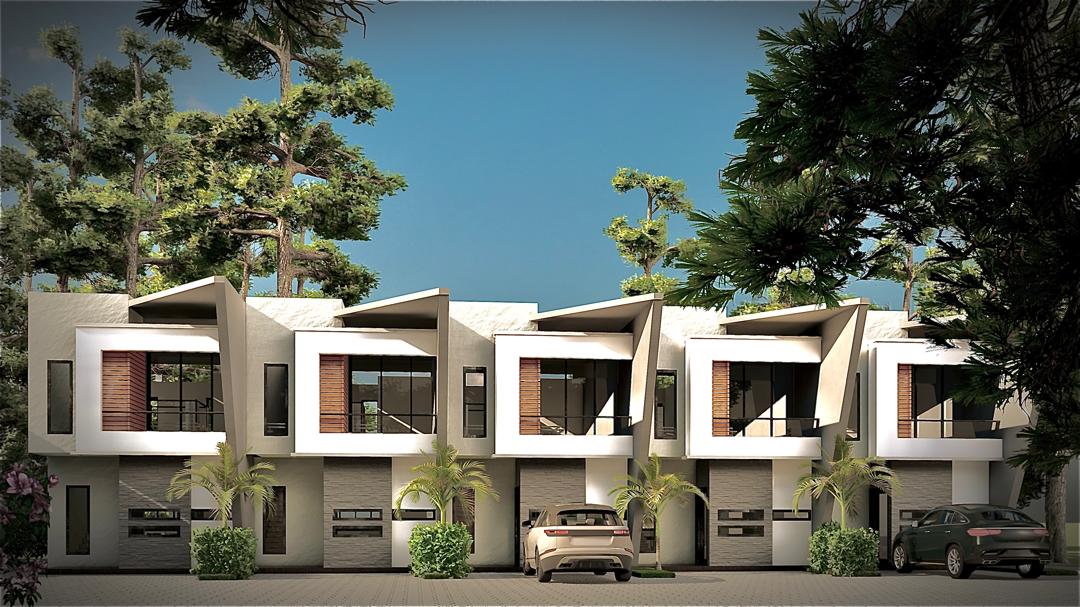 Terrace row of five angular white townhouses at dusk