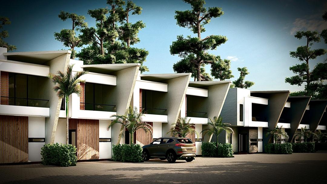 Oblique street view of a terrace row of angular white townhouses with wood louvre windows