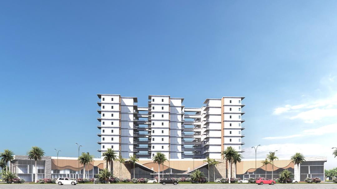 Twin apartment towers rising above a wavy-canopy retail podium at Oakacers Business Park, Mowe