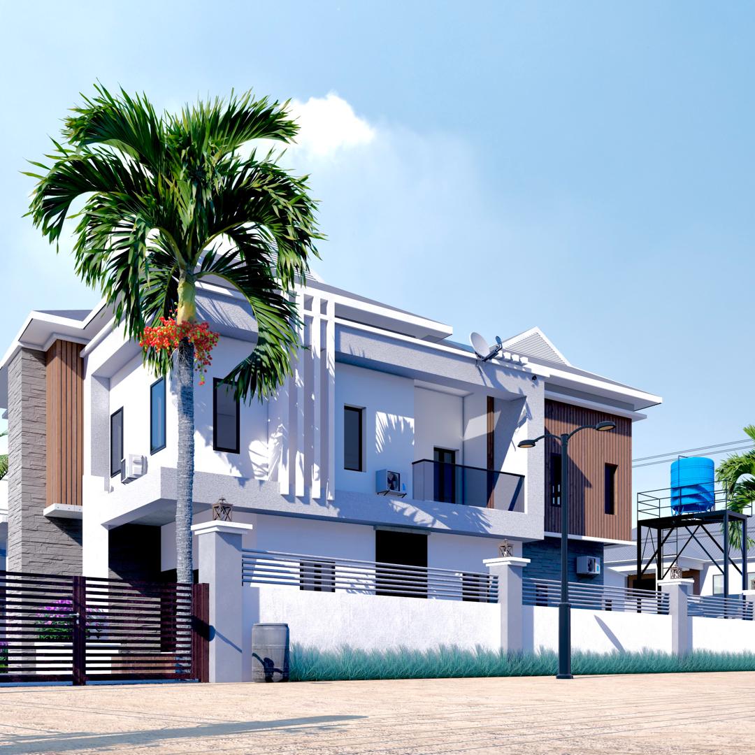 White duplex with vertical fin detailing behind a large palm tree