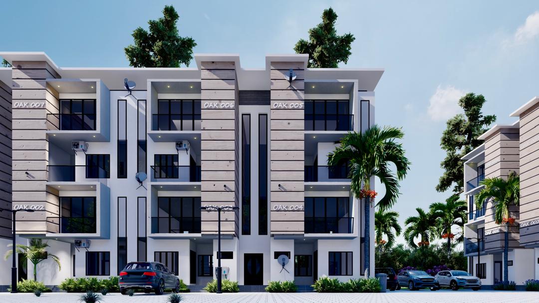 Row of three-storey Oakacers apartment blocks with weathered-wood feature panels