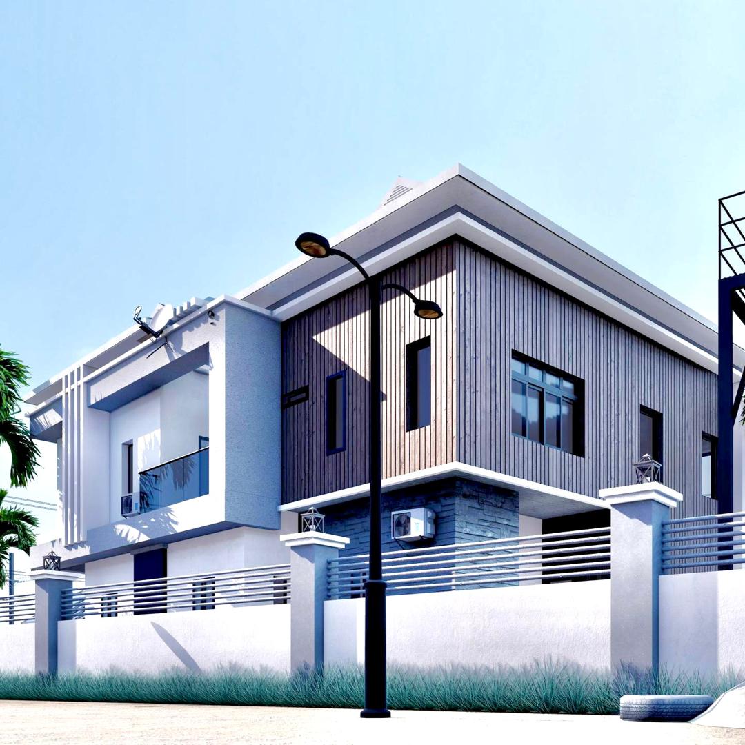 Duplex with grey wood-slat cladding at Oakacers Gardens, Abuja