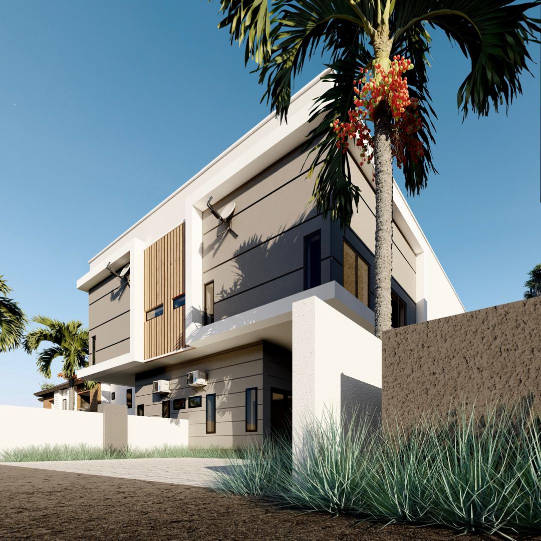 Oakacers duplex seen past a palm tree, with ornamental grasses along the boundary wall