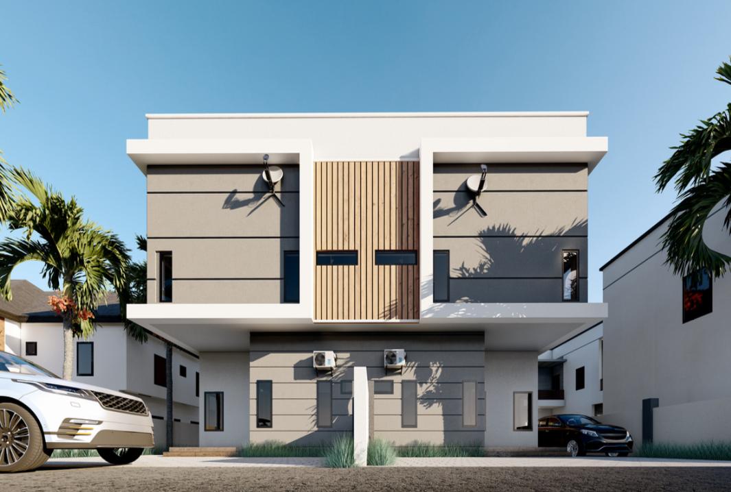 Straight-on elevation of a semi-detached duplex with a central wood-slat spine