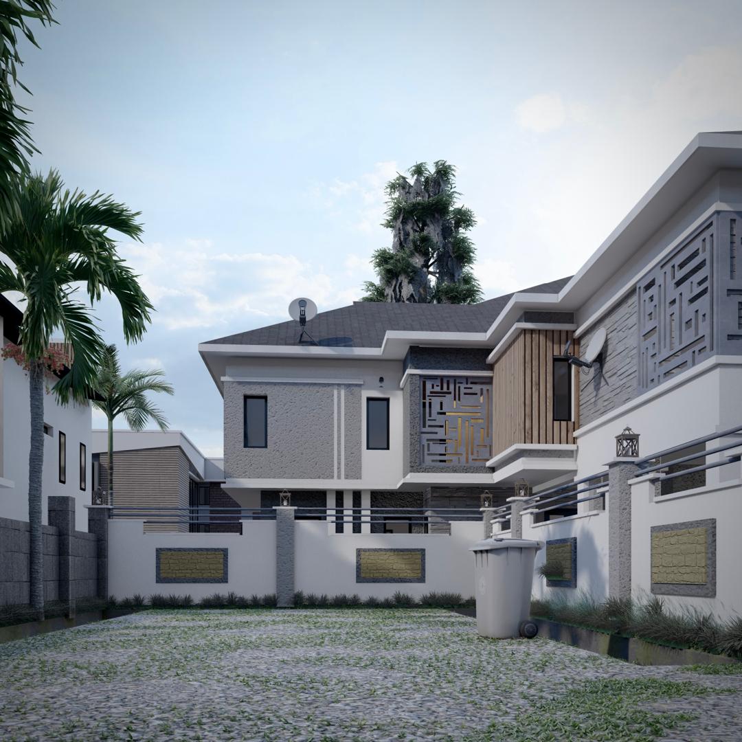 Courtyard of an Oakacers estate with gold patterned screens and dark hipped roofs