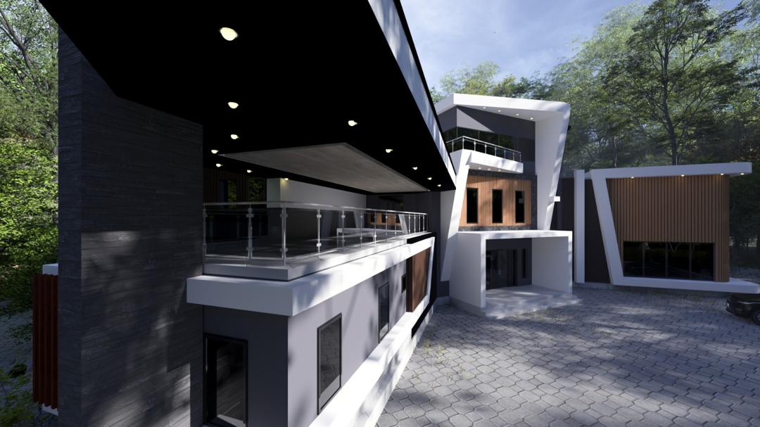 Charcoal modern villa with rooftop terrace and spot-lit soffit at dusk