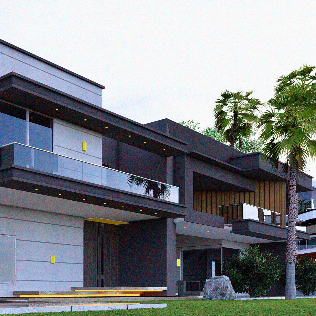 Dark charcoal luxury villa at dusk with cantilevered balconies