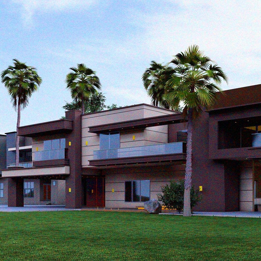 Dark charcoal Oakacers villa at dusk across a wide lawn lined with tall palms