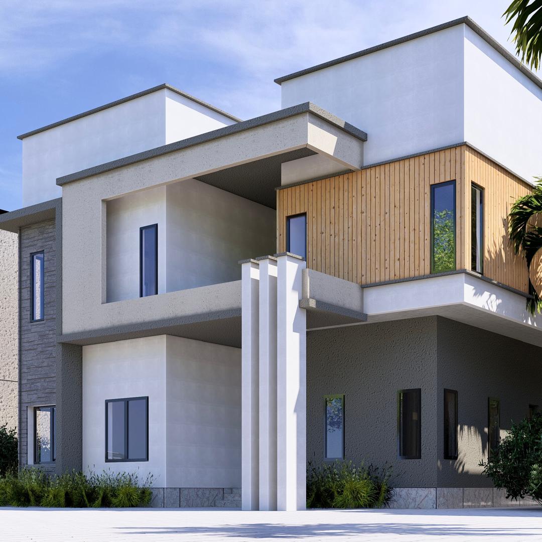 Close-up of a duplex entrance with cantilevered wood-clad volume and sculpted fin columns