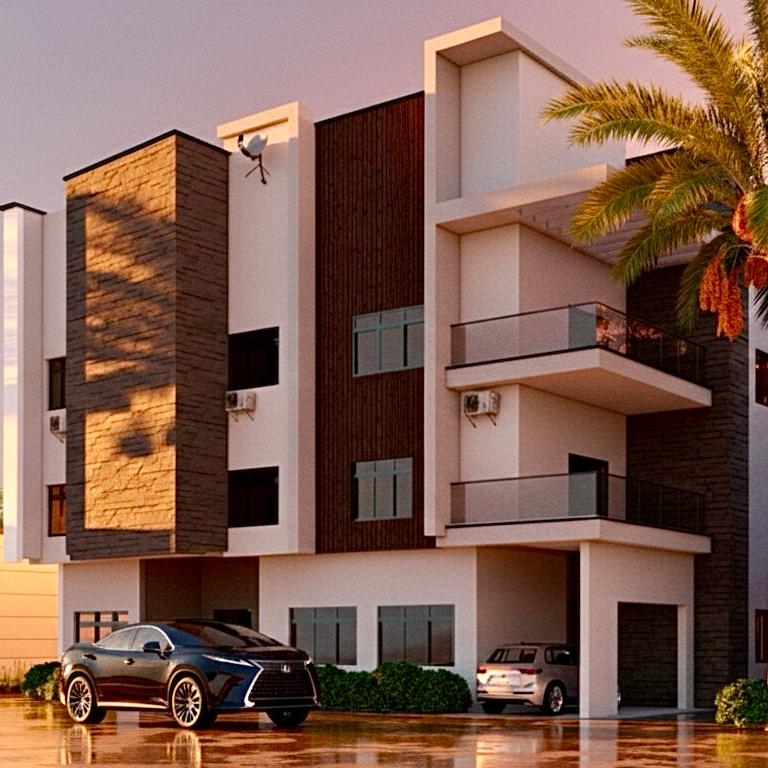 Three-storey apartment building at sunset in Port Harcourt