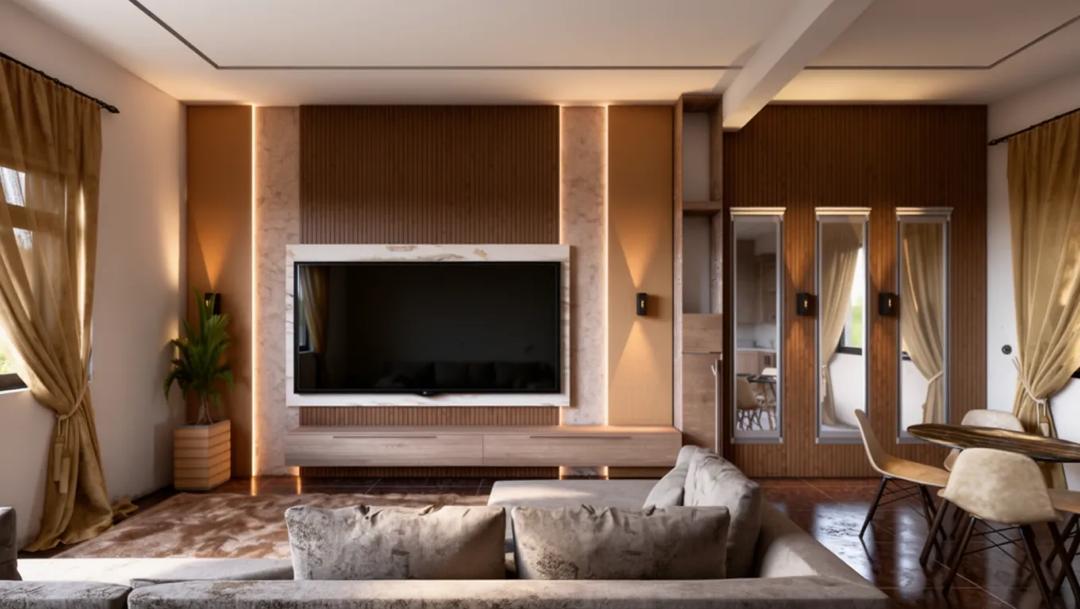 Finished living room in an Oakacers home with marble TV wall and warm cove lighting