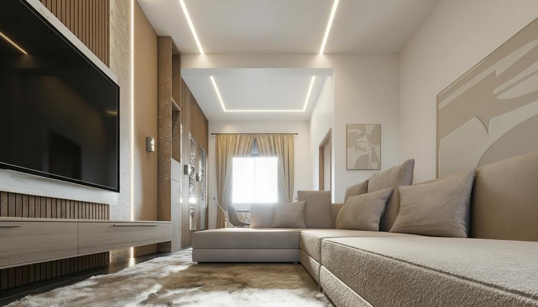 Living room with angled LED ceiling and cream sectional in an early Oakacers home