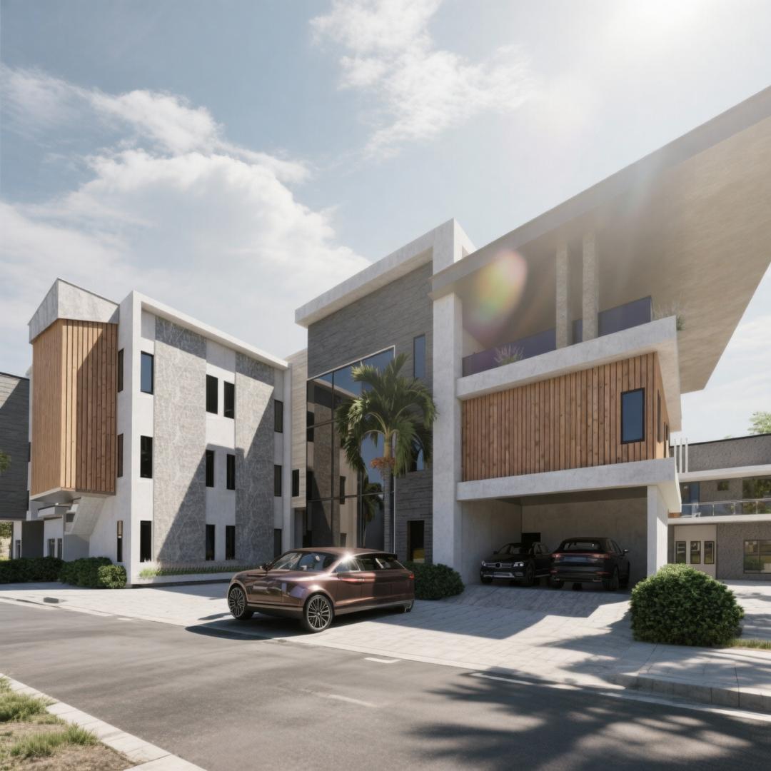 Three-storey Oakacers residence with a dramatic slanted roof canopy and double carport