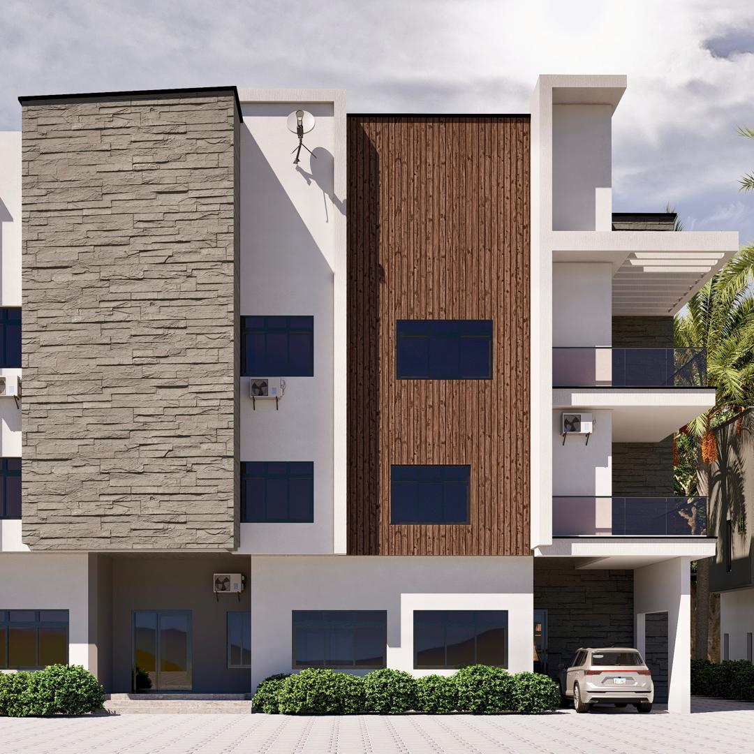 Straight-on elevation of a three-storey apartment block with stacked-stone pier