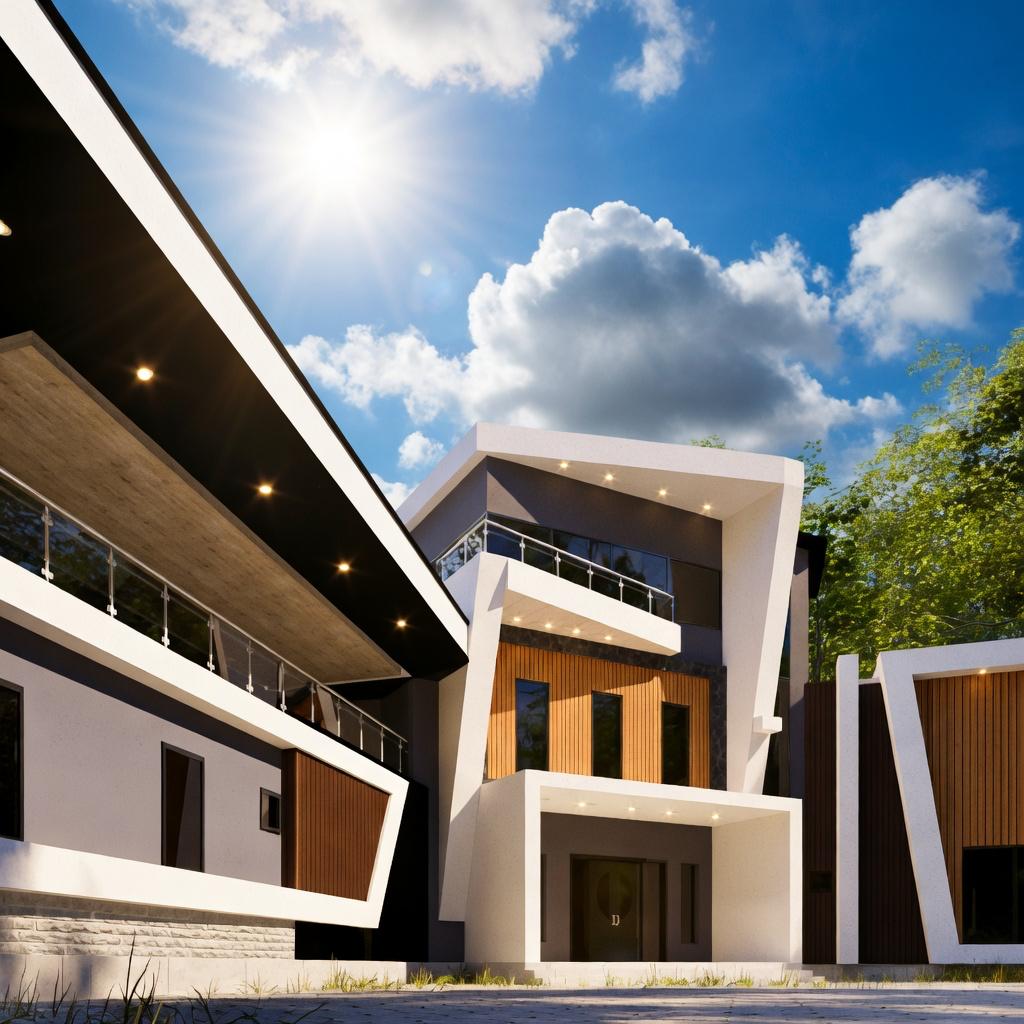 Sculptural white villa with folded plate geometry and wood-slat inserts against a sunburst sky at Oakacers Heights, Ikoyi