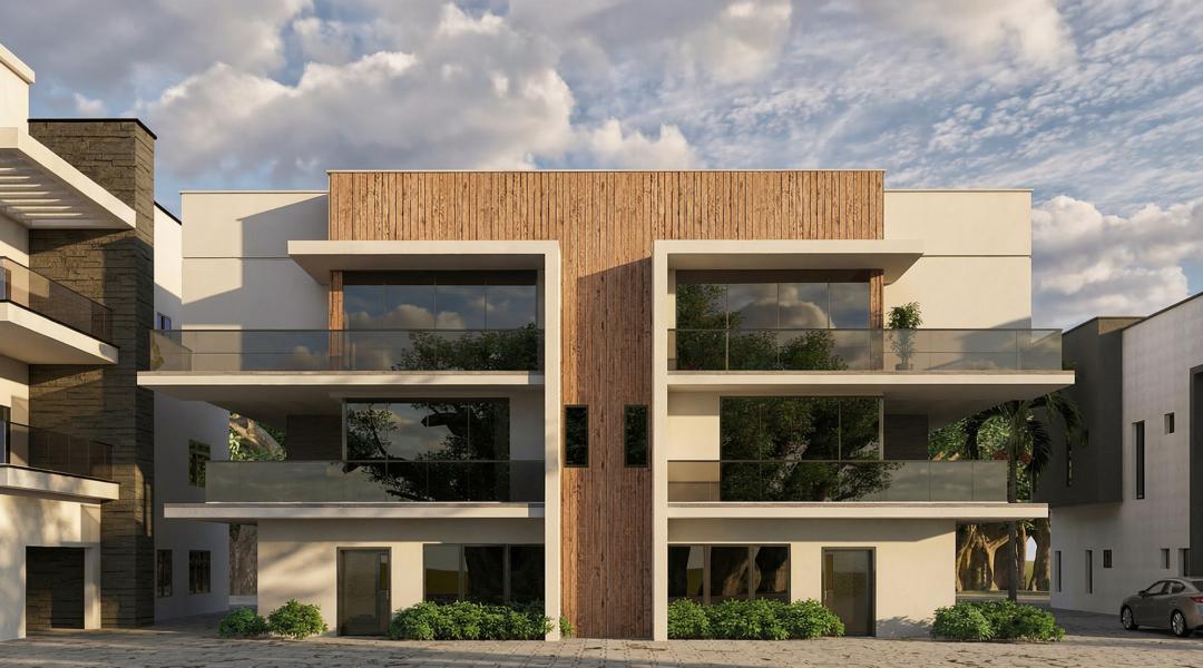 Symmetric semi-detached duplex pair with a full-height central wood spine under a dramatic sky