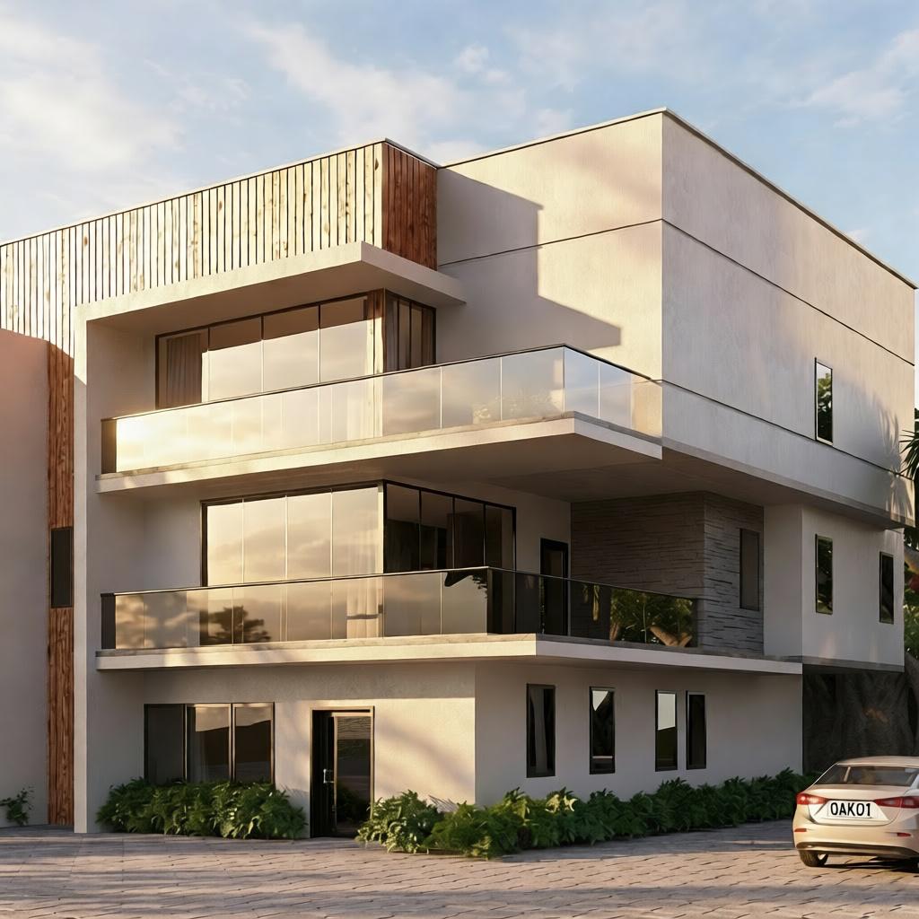 Golden-hour duplex with reflective glass balconies and wood-slat crown at Oakacers Gardens, Abuja