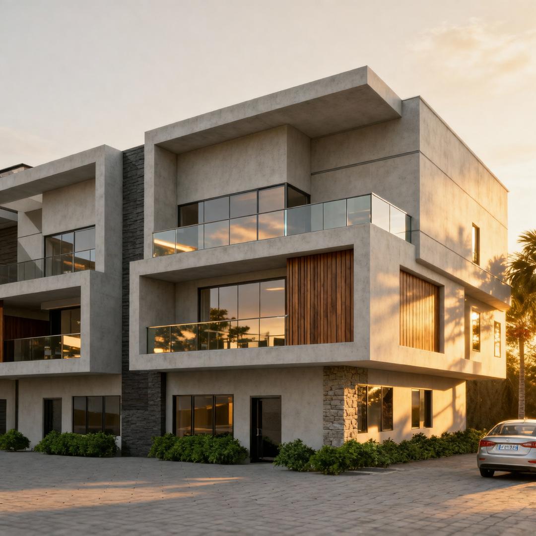 Three-storey terrace block at golden hour with glass balconies and wood-slat inserts at The Oakacers Court, Lekki
