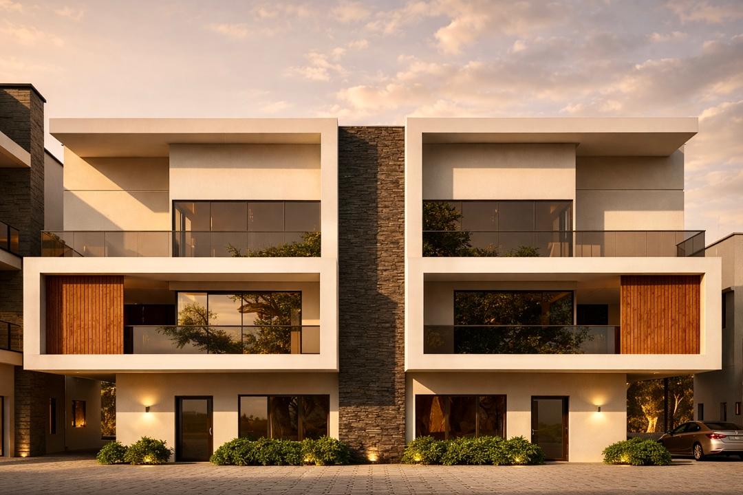 Symmetric semi-detached duplex pair at golden hour, designed and built by The Oakacers Ltd