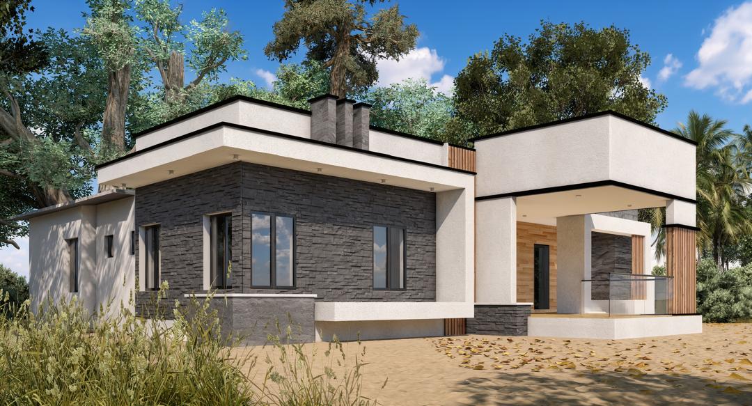 Flat-roof bungalow with dark stacked-stone cladding and glass porch