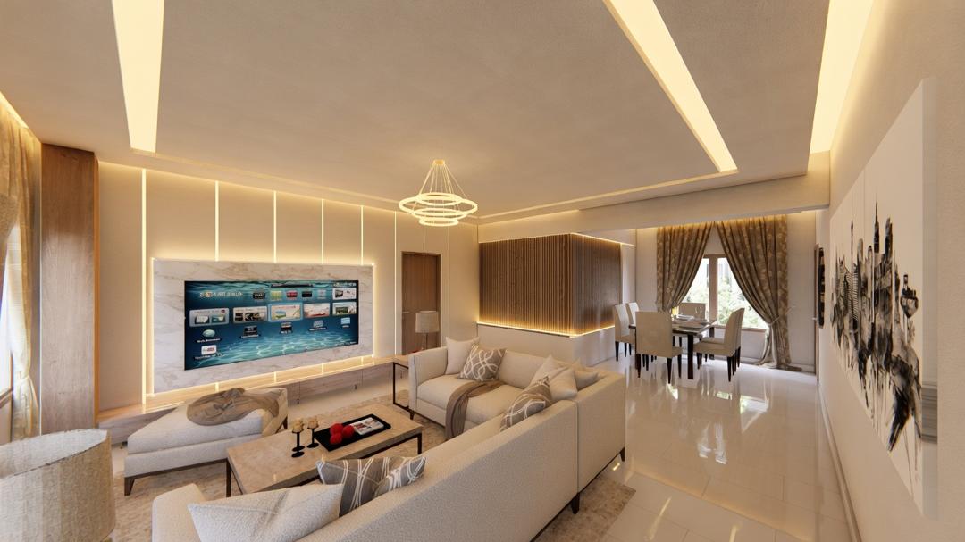 Open-plan living and dining room with coffered ceiling, ring chandelier and marble TV wall