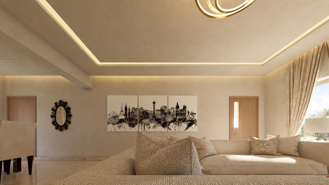 Minimalist cream living room with city-skyline artwork from an early renovation