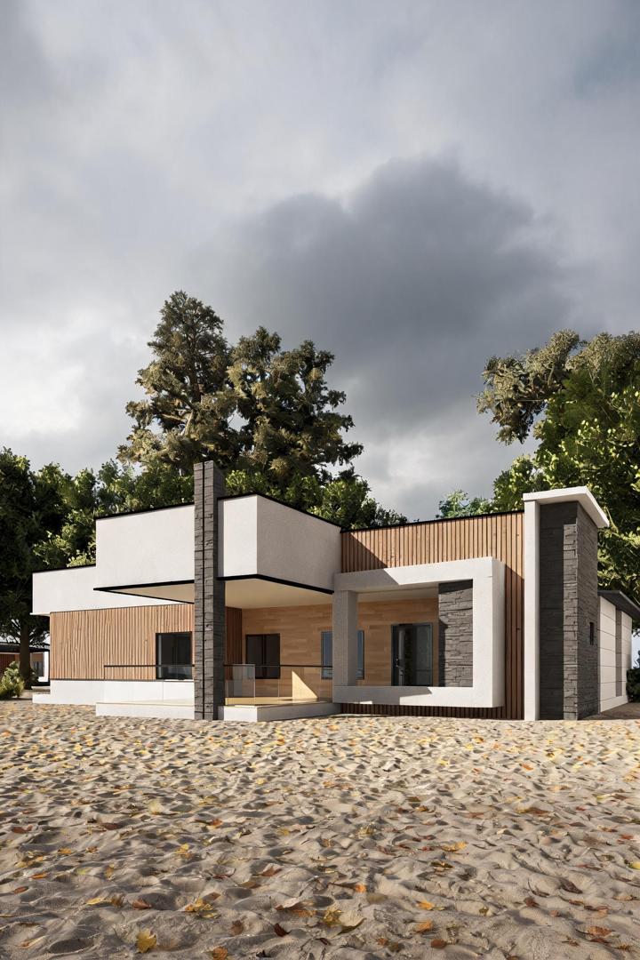 Flat-roof bungalow under dramatic storm clouds on a newly cleared site