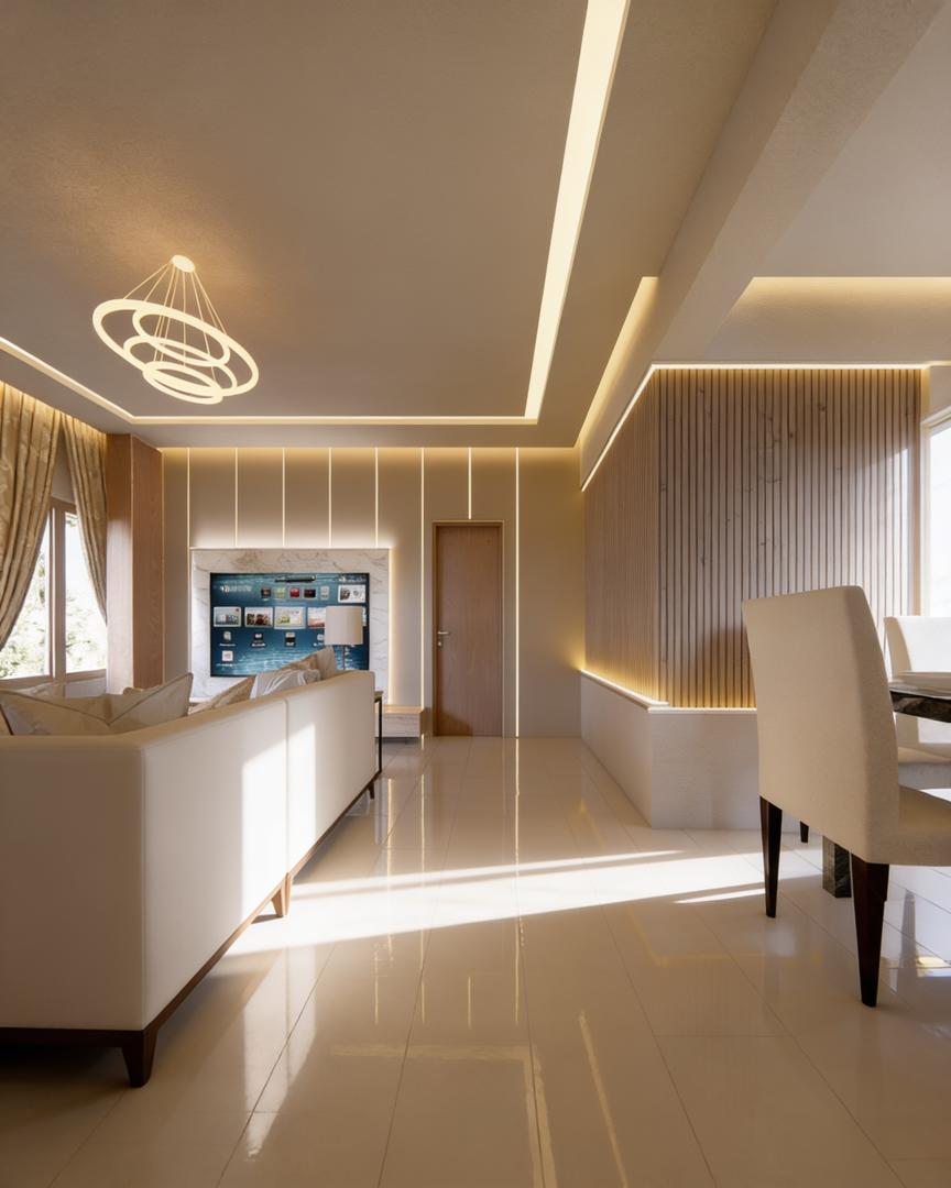 Living room of an Oakacers apartment looking toward the corridor, with cream sofa and ring chandelier
