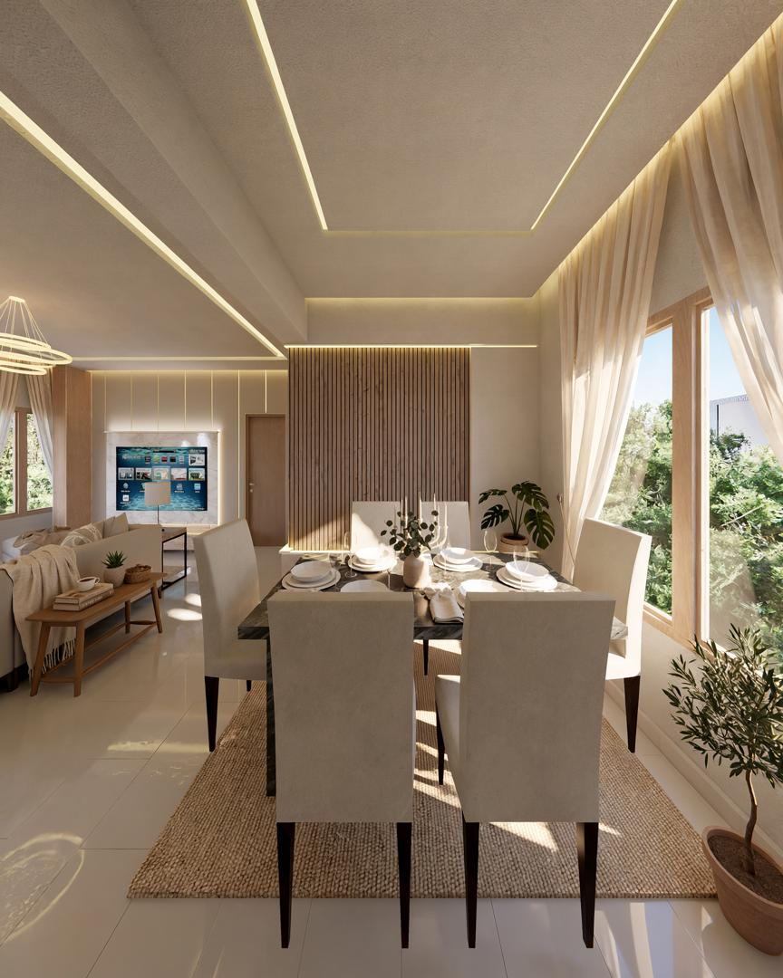Dining room of an Oakacers home with a marble-top table set for six and warm cove lighting
